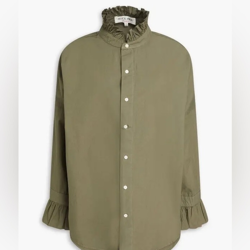 Alex Mill Army Green Poplin Ruffle Shirt Size L NWT